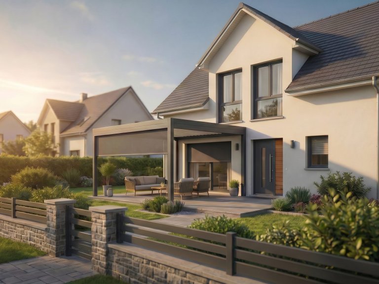 Pergola adossée avec store latéral aménageant une terrasse, Technilux Alsace