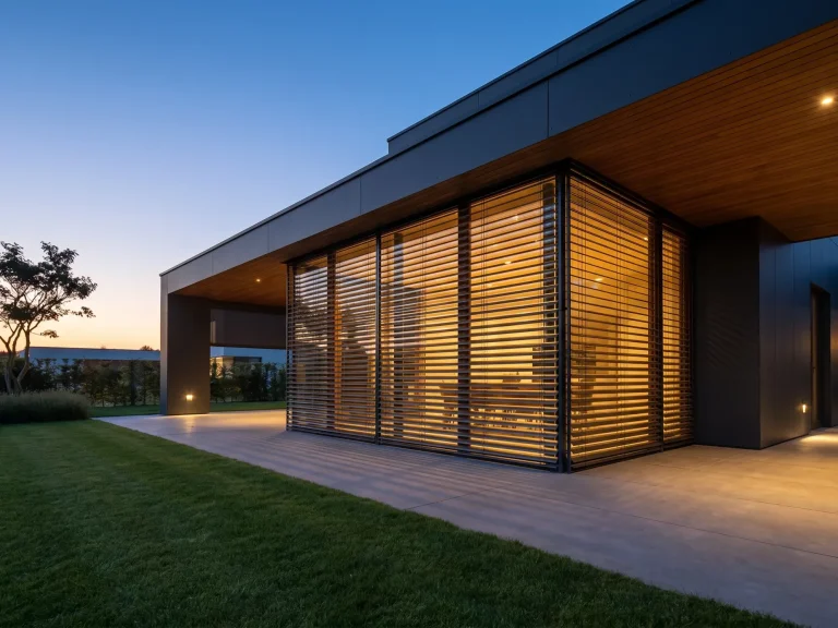Brise-soleil orientable en aluminium posé par Technilux sur une baie vitrée, lames inclinées filtrant le soleil