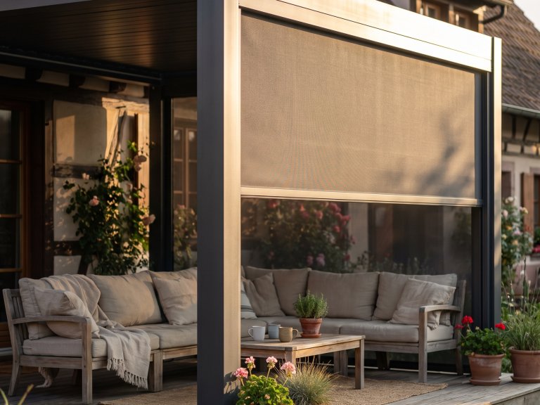 Pergola aluminium avec store toile zip en fermeture latérale